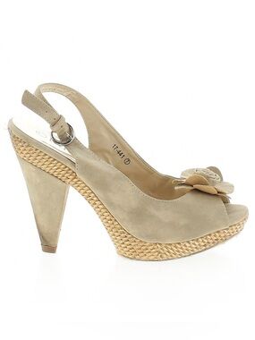 BUCCO Taupe Slingback Peep-Toe Wedge Heels with Floral Accent